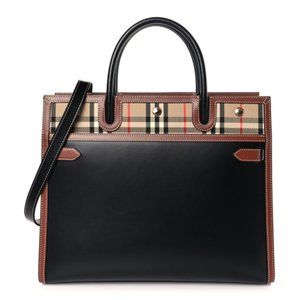 BURBERRY Calfskin Vintage Check Medium Two Handle Title Bag Black